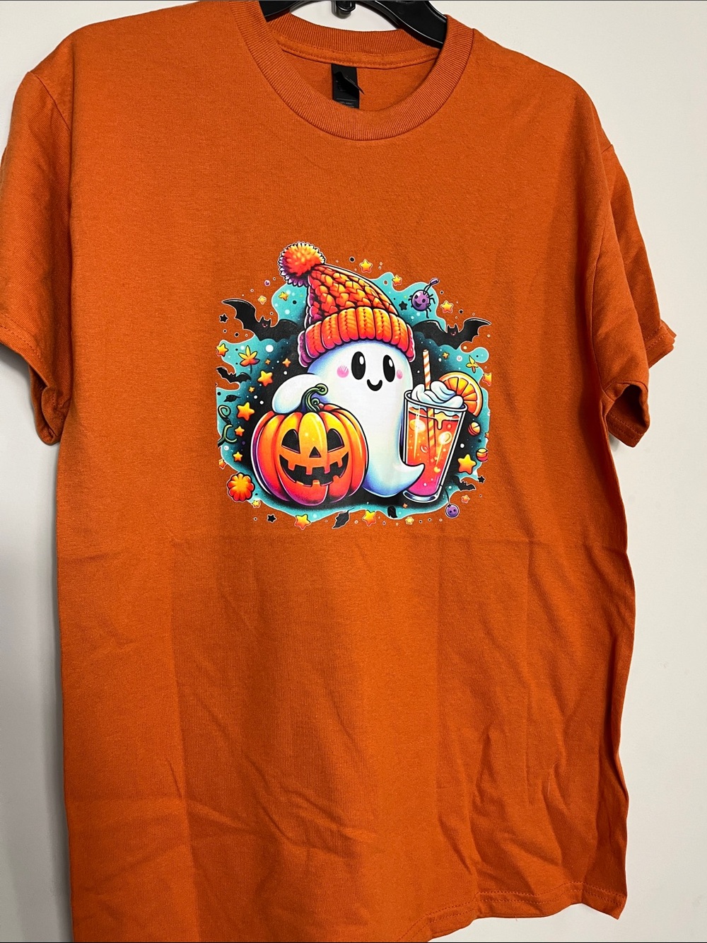 Gildan Orange Halloween Ghost Tee with Pumpkin Graphic M